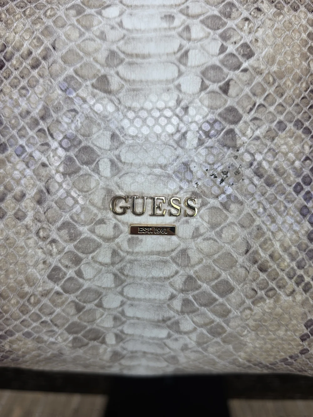 GUESS Women's Snake-Embossed Satchel in Cream with Gold Chain Accents